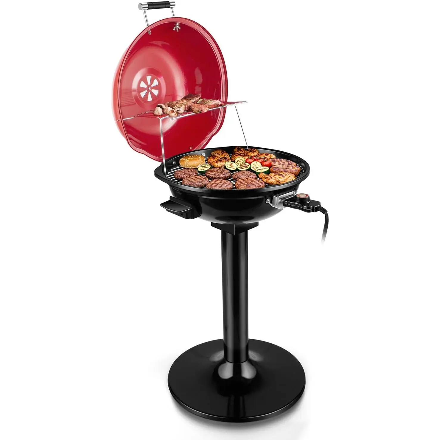 Electric Grill, Techwood Indoor/Outdoor Electric BBQ Grill, 1600W Portable Removable Stand Grill with Adjustable Heat & Drip Tray, Double Layer Design for Party, Patio & Backyard (Red)