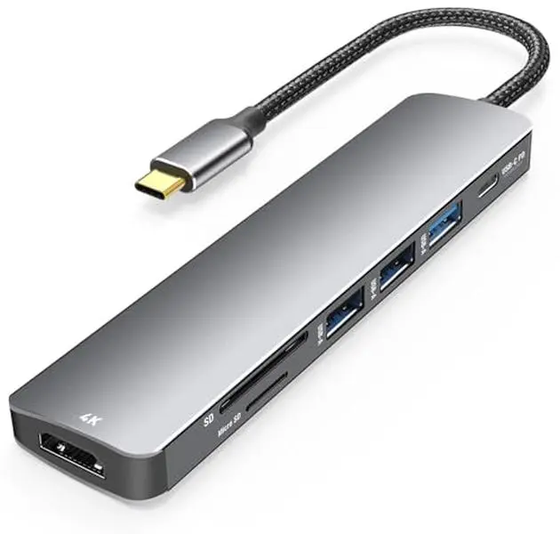 7-in-1 Connectivity USB-C Docking Station with 4K HDMI Dongle, 100W Fast Charging/100W Input, Card Reader, 3 USB-A Ports, Effective Fast Data Transfer for MacBook & Laptops/Phones