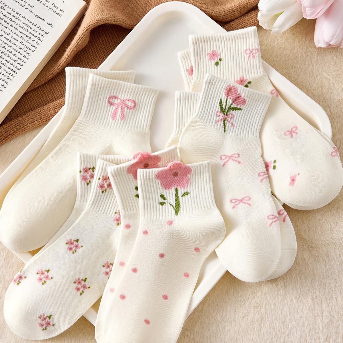 Girls' Floral Mid-Calf Socks, 5 Pairs - Solid-Color Casual Daily Wear Socks