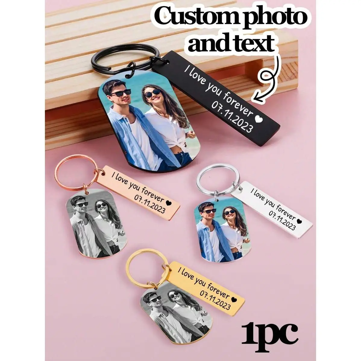 Custom Laser-Engrave Photo Print Stainless Steel Keychain - Customizable Calendar Date, Music Code Keyring, Unisex Anniversary, Wedding Gift