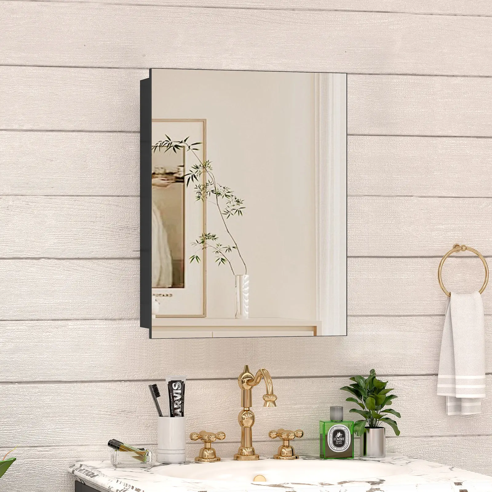 Black Bathroom Mirror Cabinet, Wall Mounted Medicine Cabinet with Mirror Door and Storage Shelves, Space Saving