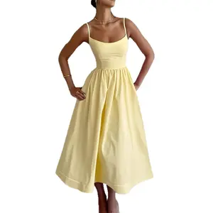 Women Summer Cami Midi Dress Spaghetti Strap Scoop Neck High Waist A-Line Sundress Elegant Flowy Cocktail Party Dress Cottagecore Vacation Outfits Casual Backless Wedding Guest Dress European Retro Sun Dress