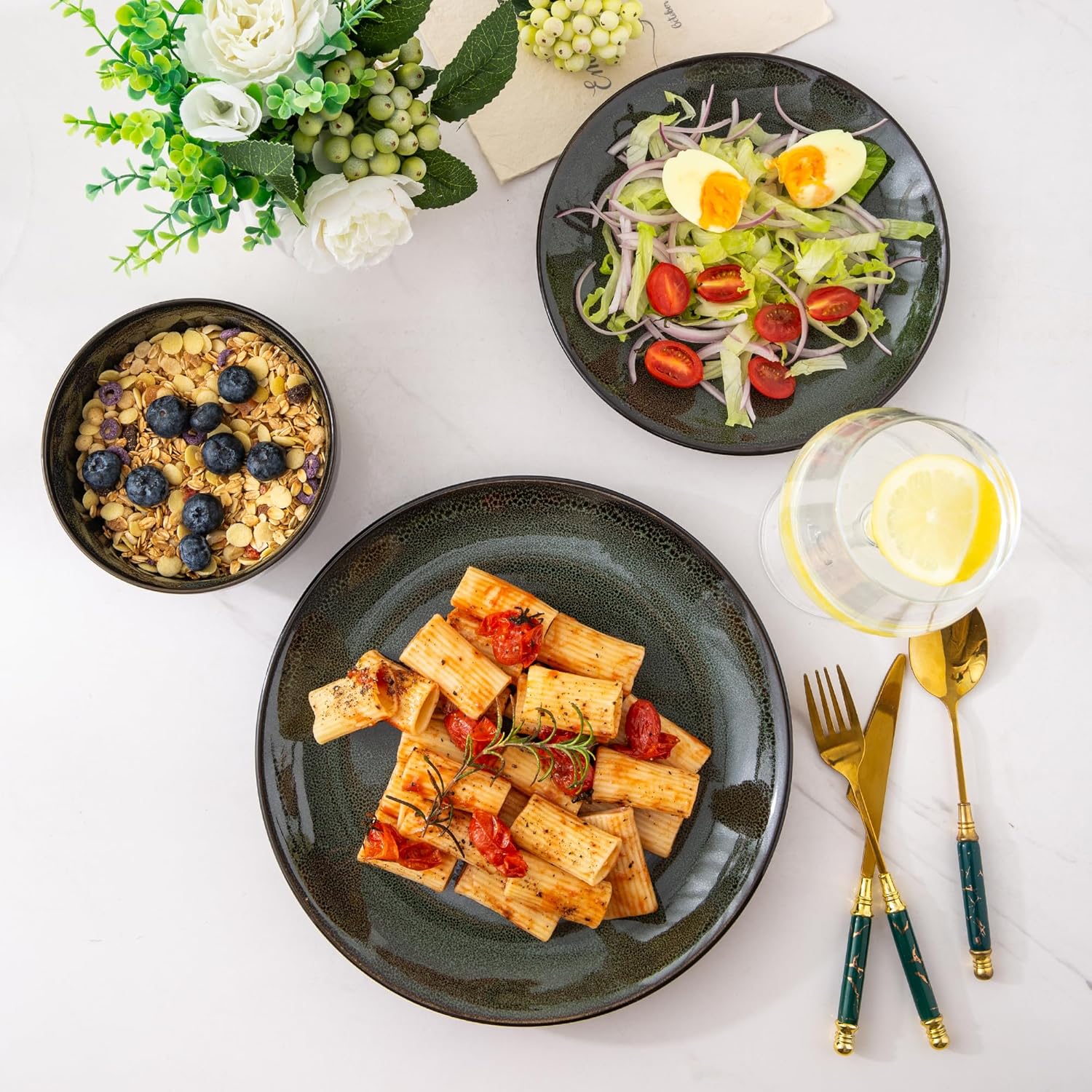 Ceramic Dinnerware Sets for 8,Stoneware Plates and Bowls Sets,Handmade Reactive Glaze Dishes Set,Chip Resistant and Scratch Resistant | Oven&Dishwasher & Microwave Safe-Green(24PCS)