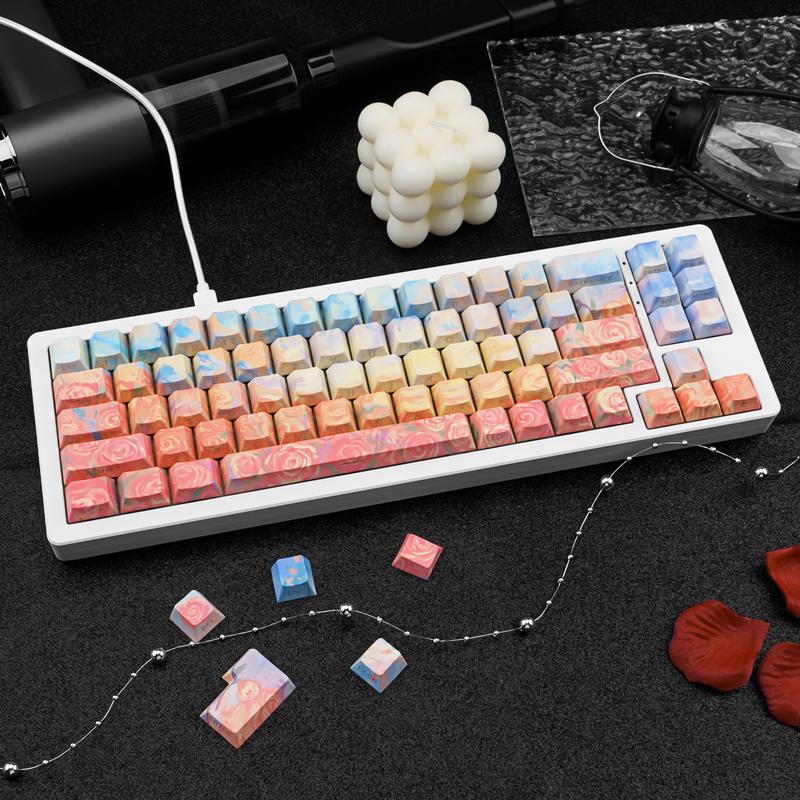 Rose Coast Gradient Oil Painting Style PBT Keycaps Compatible with 61/64/87/104/108 Cherry Switches Side-Engraved Transparent Keycaps Five-Sided Dye-Sublimation Custom Mechanical Keycaps Wear-Resistant Non-Transparent