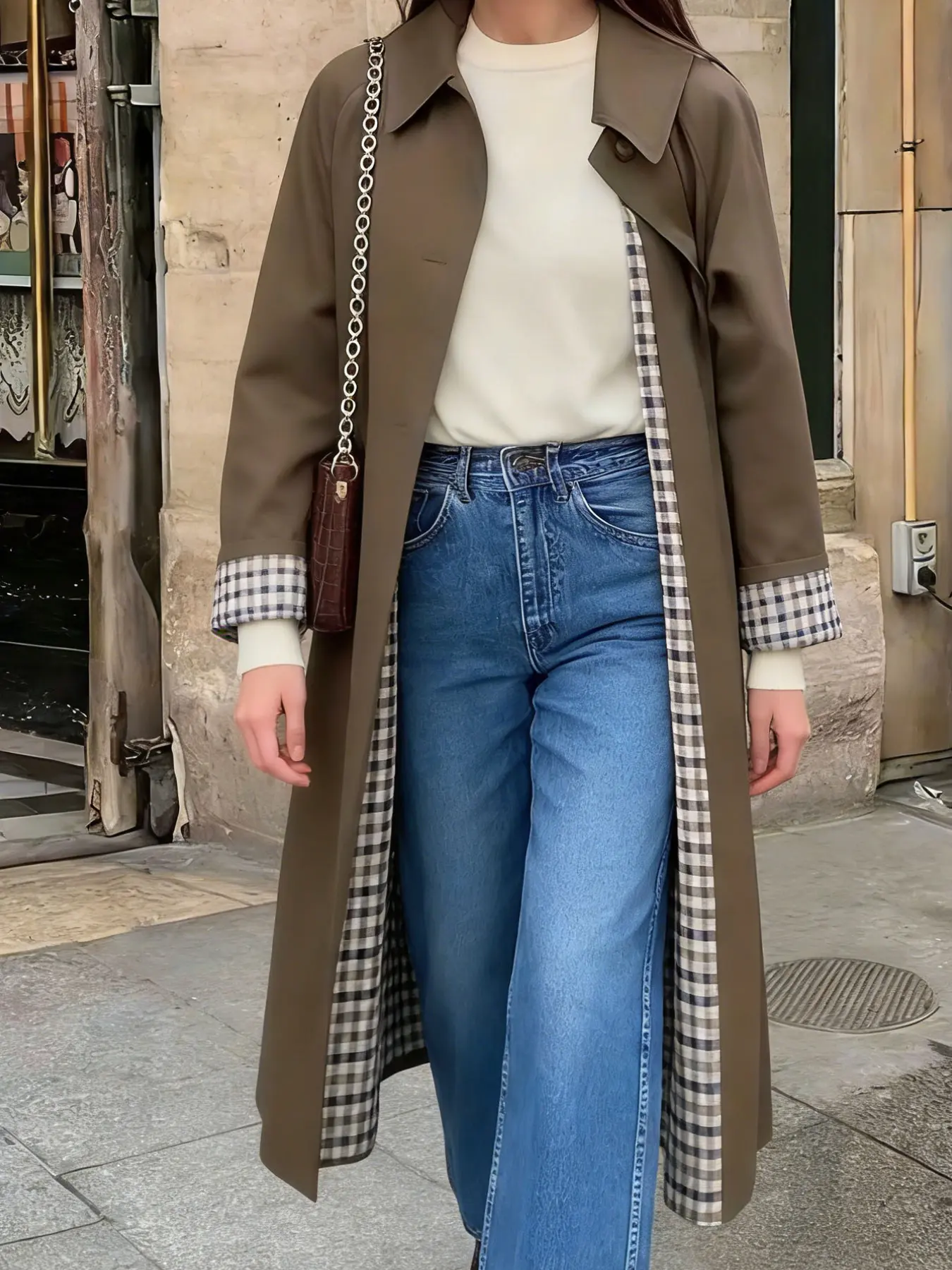 A women's brown Melton pea coat with a single-breasted collar, suitable for spring and autumn, perfect for daily outings, dating parties