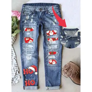 18ACTIVEKITWomen's tattered boyfriend jeans, vintage washed Christmas patch printed denim jeans, casual fit, natural waist buckle