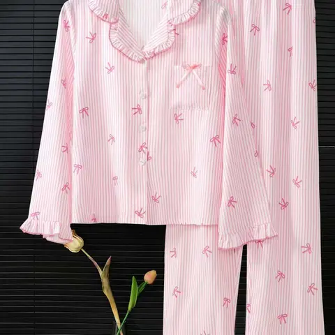 Women's Sleepwear Set, Breathable Striped Bow Design, Sweet & Fashionable Home Wear, Comfortable Nightgown for Women, Pajama