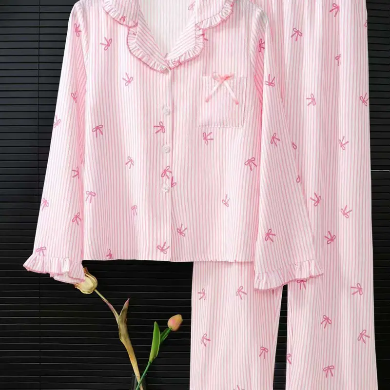 Women's Sleepwear Set, Breathable Striped Bow Design, Sweet & Fashionable Home Wear, Comfortable Nightgown for Women, Pajama