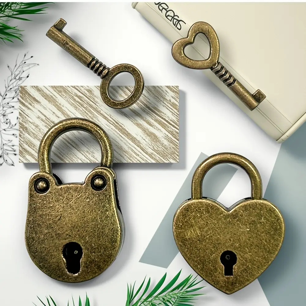 2set/4pc Vintage Mini Heart Metal Locks, Bear Lock with Key, Retro Style Padlocks, Small Security Latches for Home & Office Use
