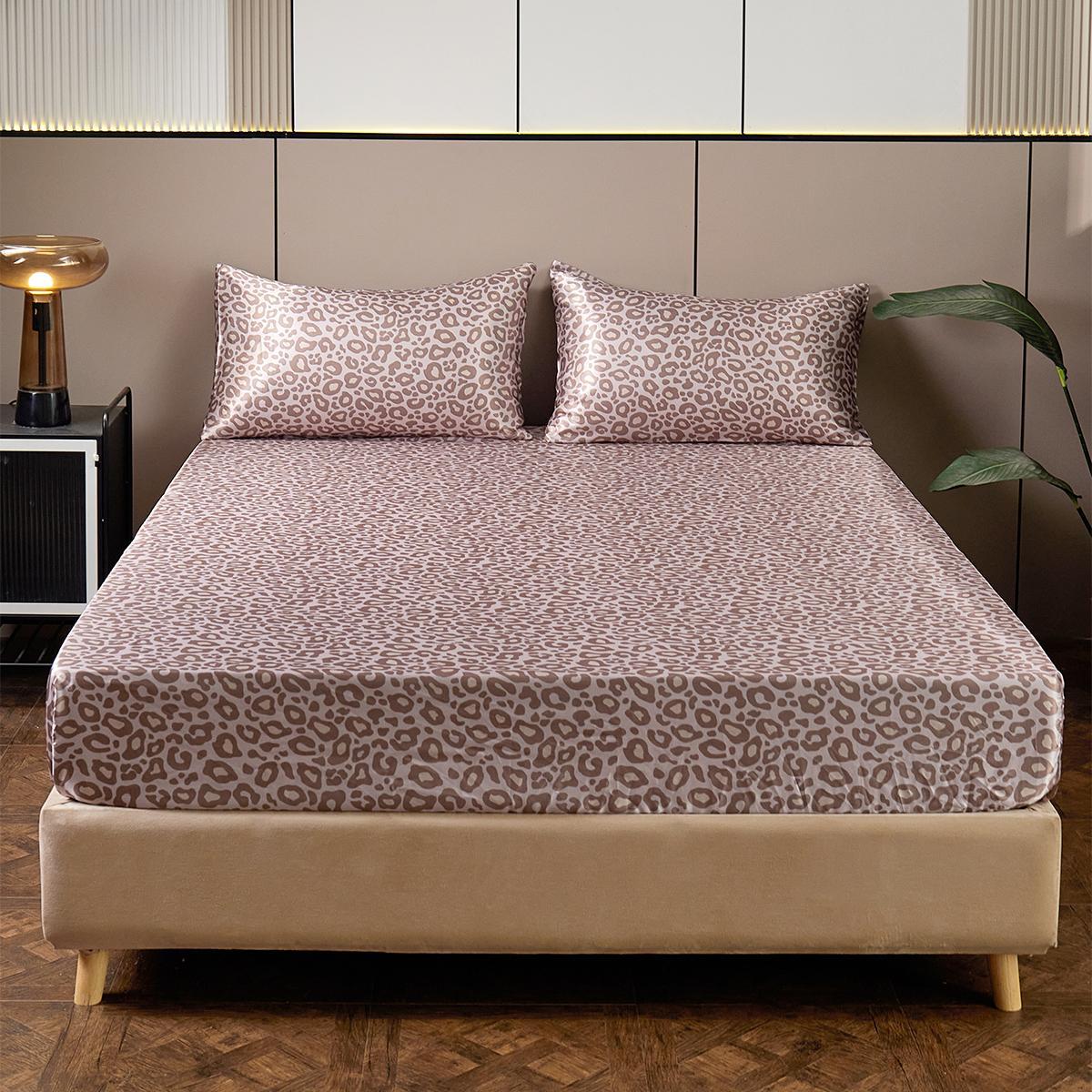 Leopard Print Fitted Sheet & Pillowcase Set, Bed Sheets, 3 Counts/set Including 1 Count Fitted Sheet & 2 Counts Pillowcase without Filler, Bedding Supplies for Home Bedroom