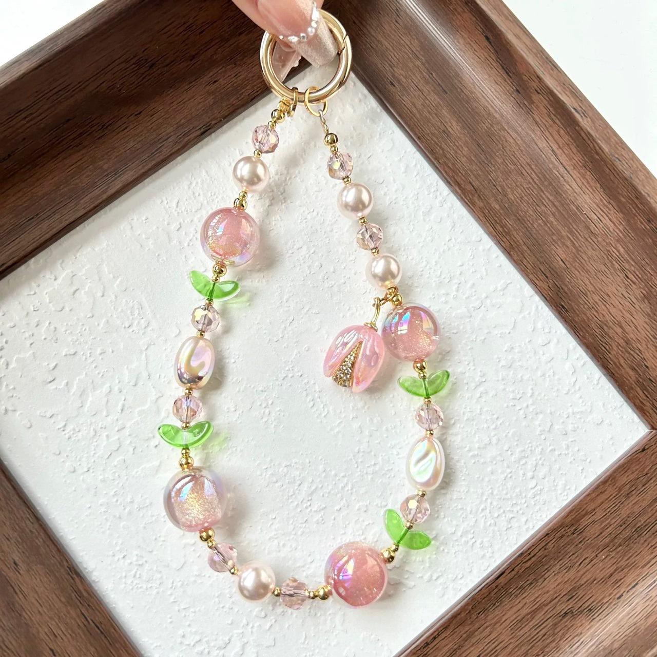 Original phone lanyard wrist strap dopamine phone chain beaded pink pistachio light luxury high-end anti-loss hanging chain