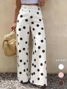 Spring Summer New High-Waisted Elastic Women's Jeans, Casual Wide Leg Pants, Polka Dot Design, Fitted Long Regular Fit, Womenswear