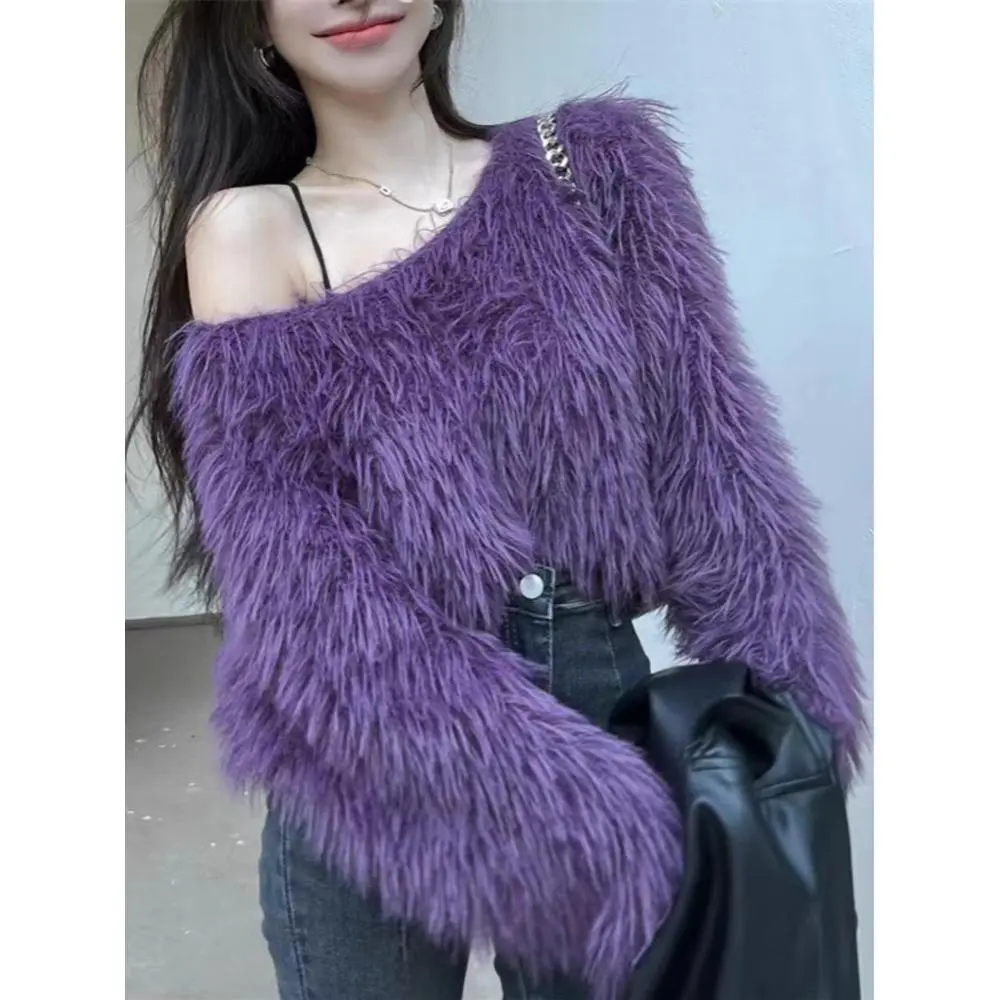 Fuzzy Sweater 3/4 Sleeve Brushed Knit Crop Pullover Plain Jumper Women Retro Y2K Spring Autumn