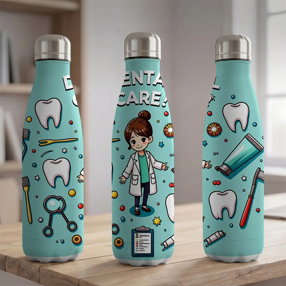 1pc 17oz Insulated Water Bottle 500ml 304 Stainless Steel Vacuum Flask Dentist Dental Assistant Hygienist Appreciation Gift Cute Cartoon Dental Care Pattern Portable Travel Mug Sport Bottle Leakproof Cup for Office Car