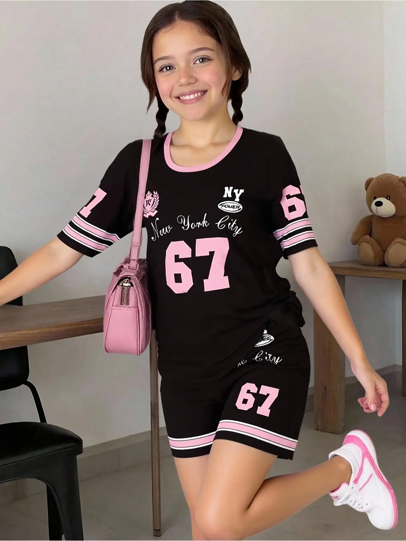 Girls' 2-Piece Athletic Set Digital Print Round Neck T-Shirt and Casual Shorts, Fashion Outdoor Sports, Daily Wear, Holiday Gift