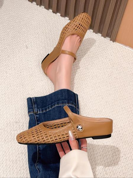 Women's Square Toe Woven Hollow Out Casual Flat Shoes, PU Leather Upper, Rubber Sole, Medium Width, All Season Fashion Sneakers