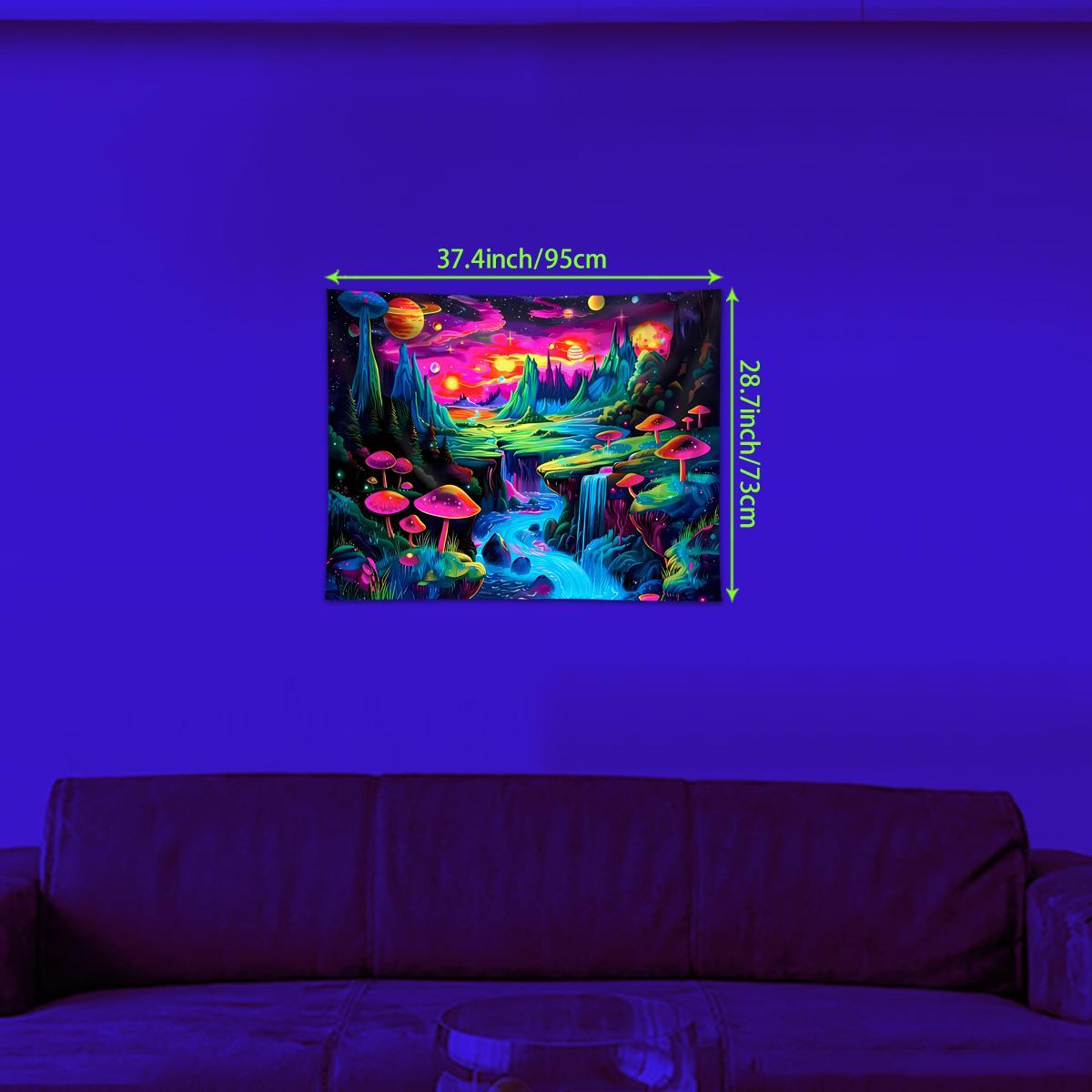Neon Mushroom Landscape Tapestry, 1 Count UV Responsive Black Light Glow in the Dark Tapestry with Installed Accessories, Wall Decor for Home Living Room Bedroom