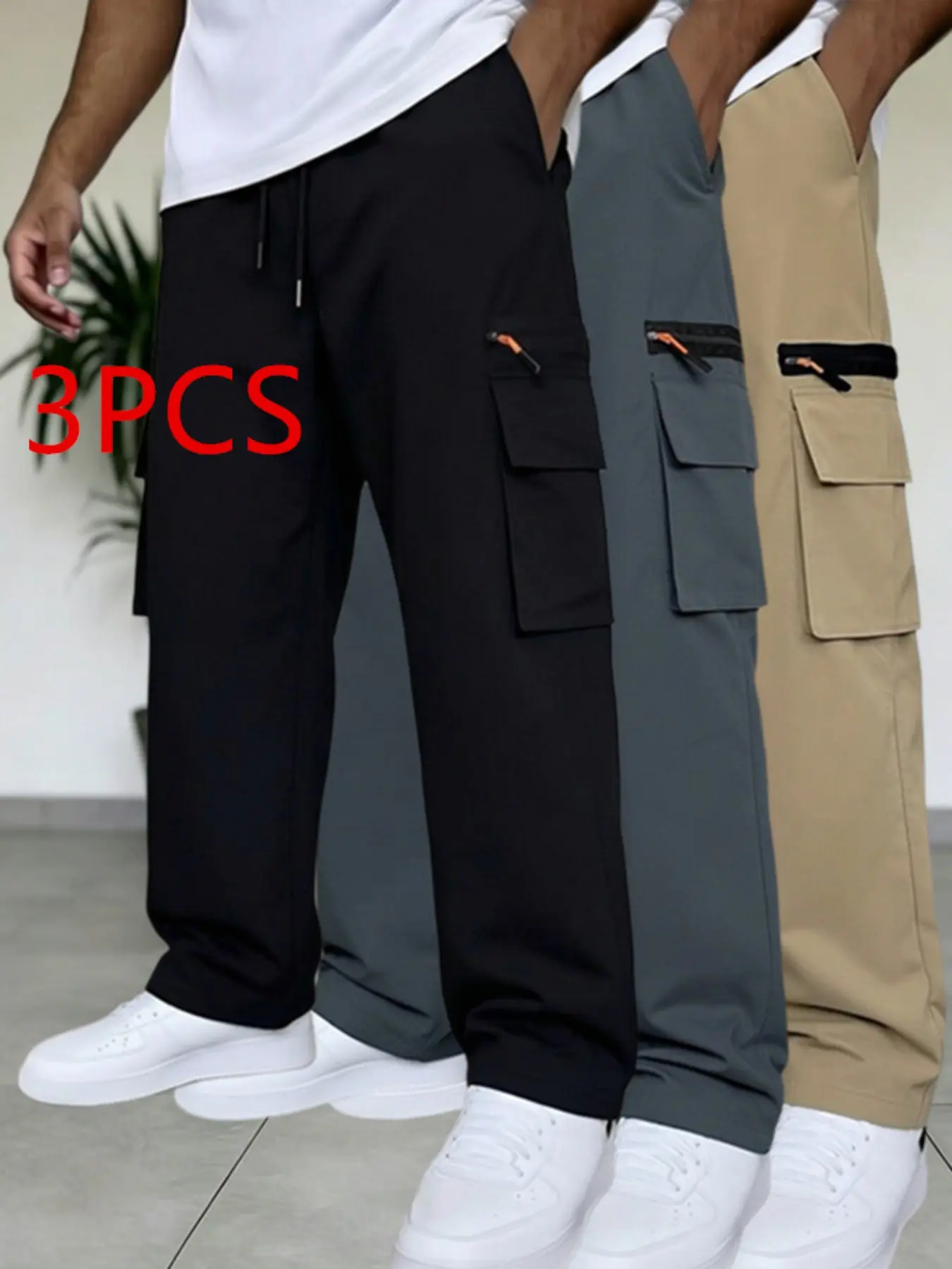 Wearing all seasons,Men's Loose Wide Leg Work Pants, Multi-Pocket Adjustable Drawstring Waist, Zipper Side Pockets, Breathable Outdoor Streetwear Long Pants