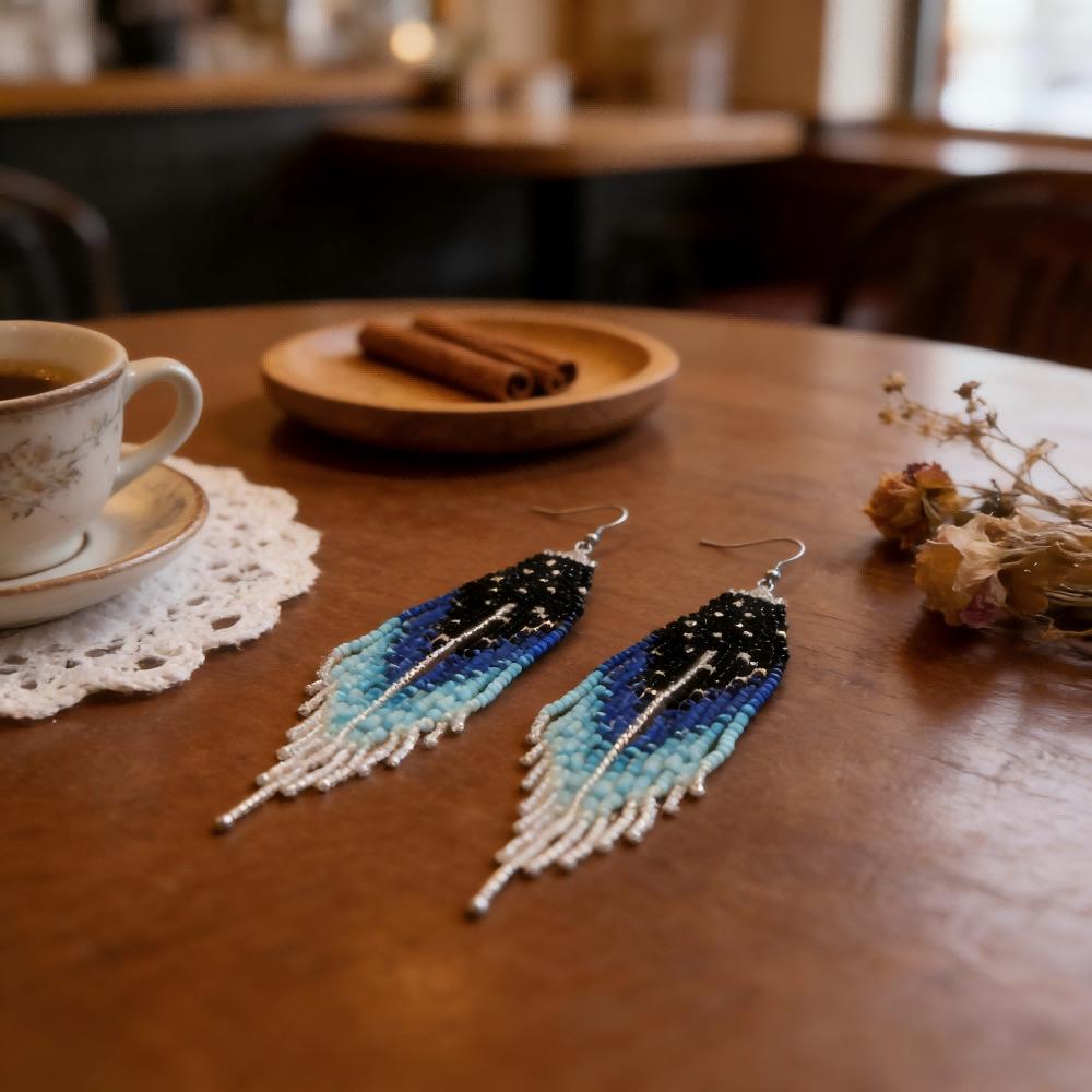 Women's Long Dangle Earrings: Handcrafted, Beaded, and Woven—Featuring a Gradient Blue-to-Black Seed Bead Tassel Design—Perfect for Street Style and Creating a Captivating "Vibe" for Photos