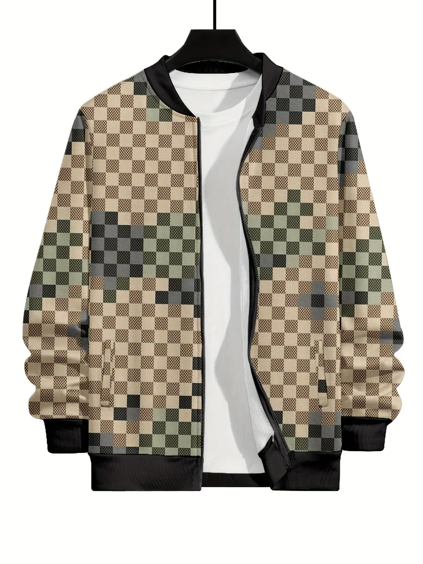 Men's Casual Checkered Baseball Neck Jacket, All over Print, Zip-Up Pullover, Slim-Fit, Fall & Winter Outerwear