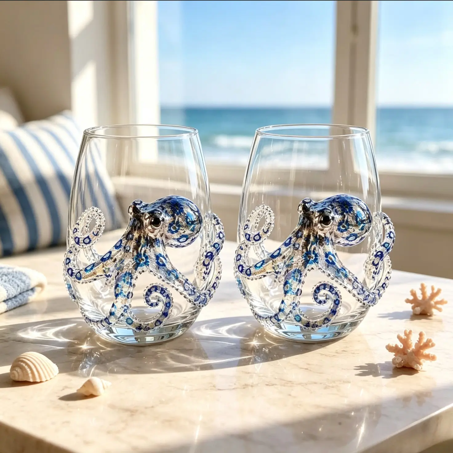 3D Sea Animal Embossed High Borosilicate Glass Cups, Couple Wine Glasses 2 Pack, Perfect Gift for Couples, Durable and Stylish Drinkware