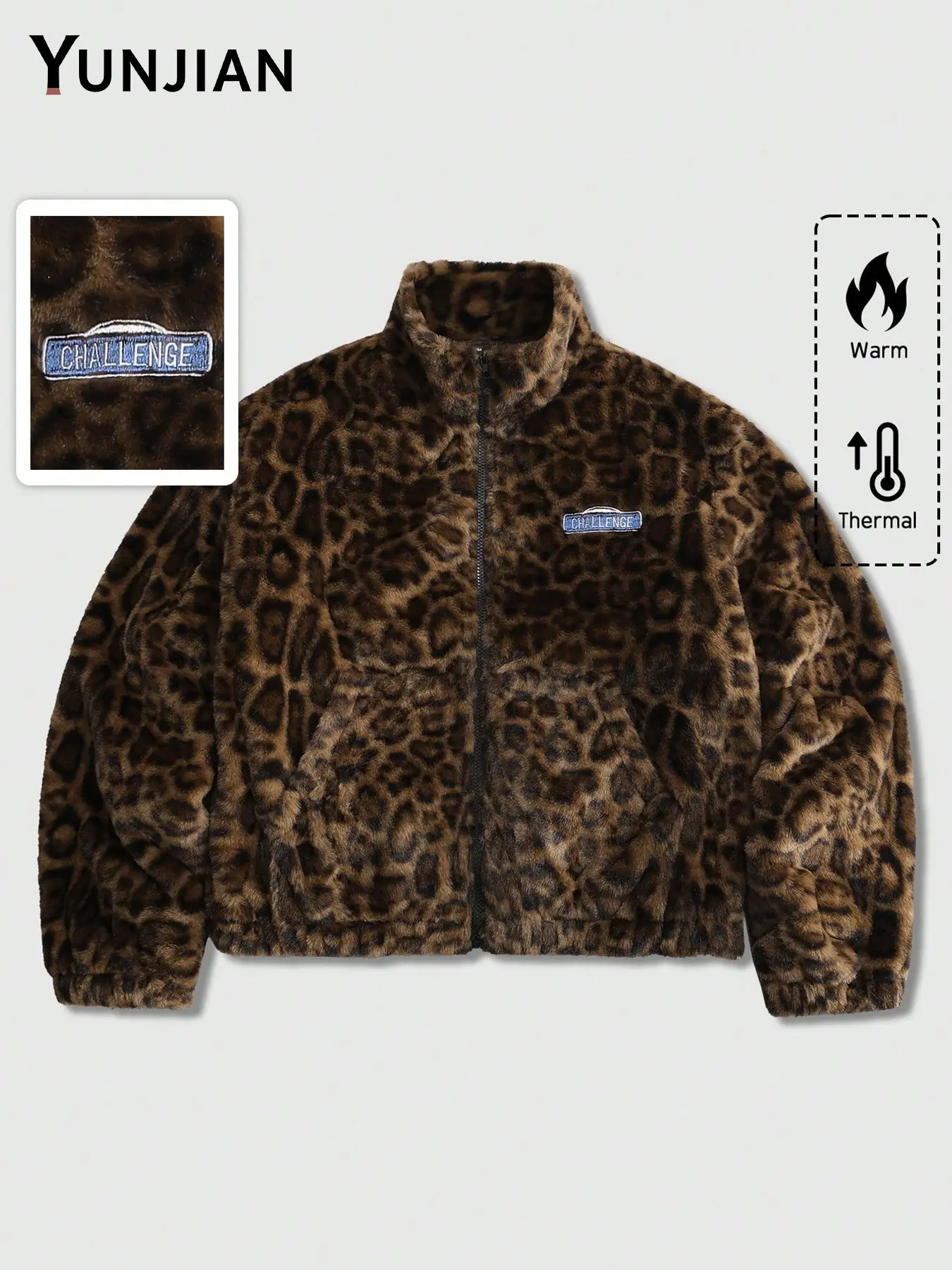 Men's Loose Leopard Print Fleece Zipper Jacket, Stand Collar Embroidered Warm Sheepskin Outerwear, Windproof Puffy Streetwear for Fall & Winter