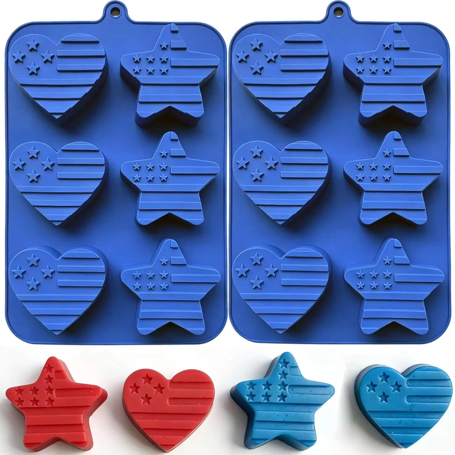 2 Pack 4th of July Silicone Baking Molds, Large Independence Day Patriotic Chocolate Molds with American Flag Heart & Star Shapes for Candy, Soap, Ice, Cupcake Toppers