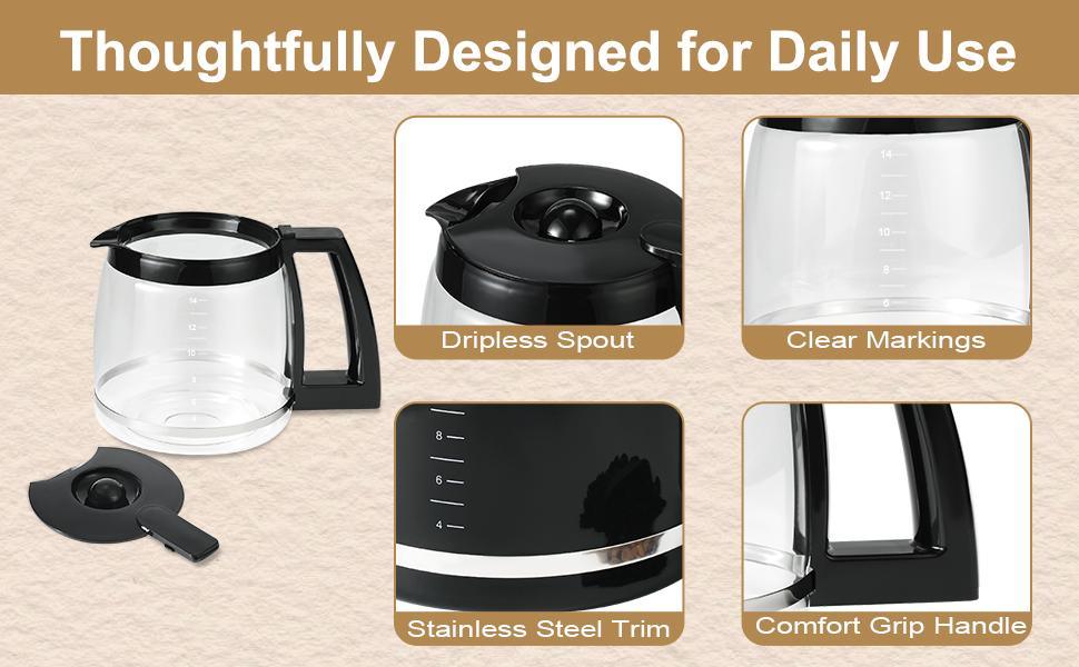 14-Cup Glass Coffee Carafe Replacement Compatible with Cuisinart Models  DCC-3200P1, DCC- 3200, DCC-2200RC, Coffee Pot Replacement 14 Cup with  Ergonomic Handle and Dripless Spout - TikTok Shop
