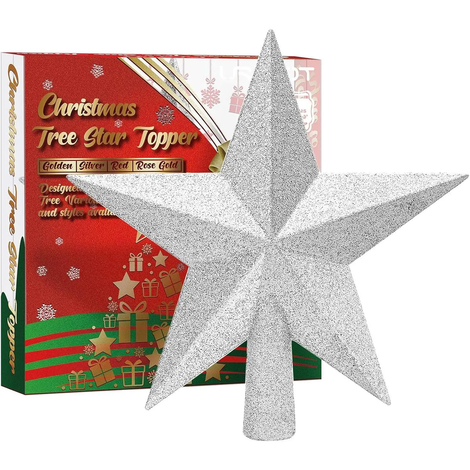 Glittered Christmas  Tree Topper Christmas Decorative Holiday Treetop Shatterproof  Ornament for Holiday Christmas Tree Decoration, , 6 Inch