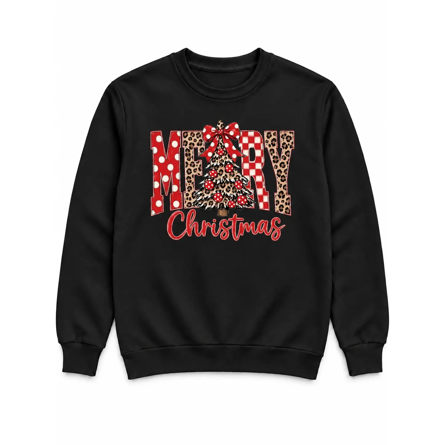 Merry Christmas Leopard Print Graphic T-Shirt or Crewneck Sweatshirt, Plaid Holiday Letters and Tree, Unisex Festive Printed Shirt