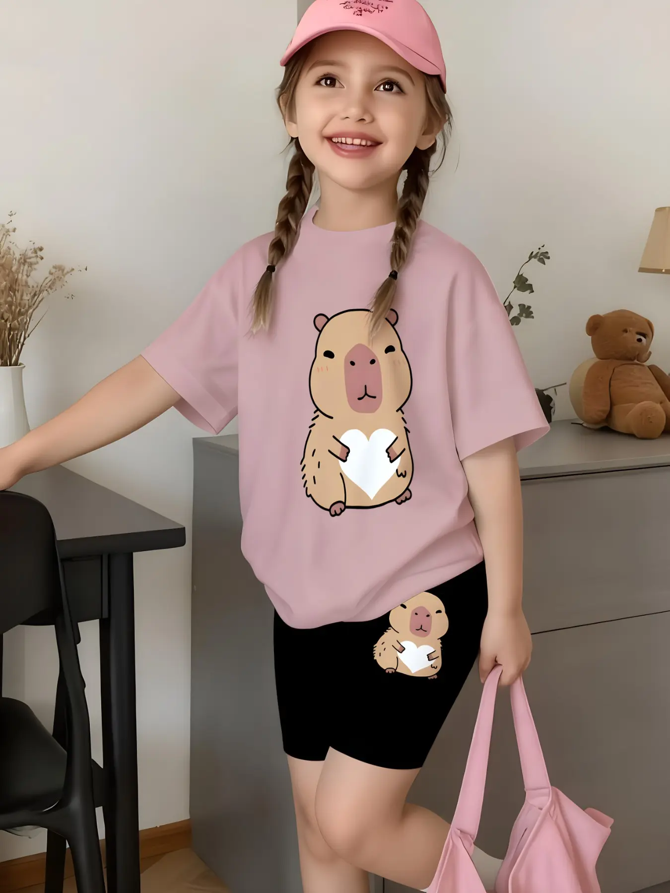 Girls Summer Minimalist Capybara Heart Short Sleeve & Biker Shorts Set Kids Children Daily Versatile Sportswear 2Pcs Summer Clothing Set Summer Clothes Set