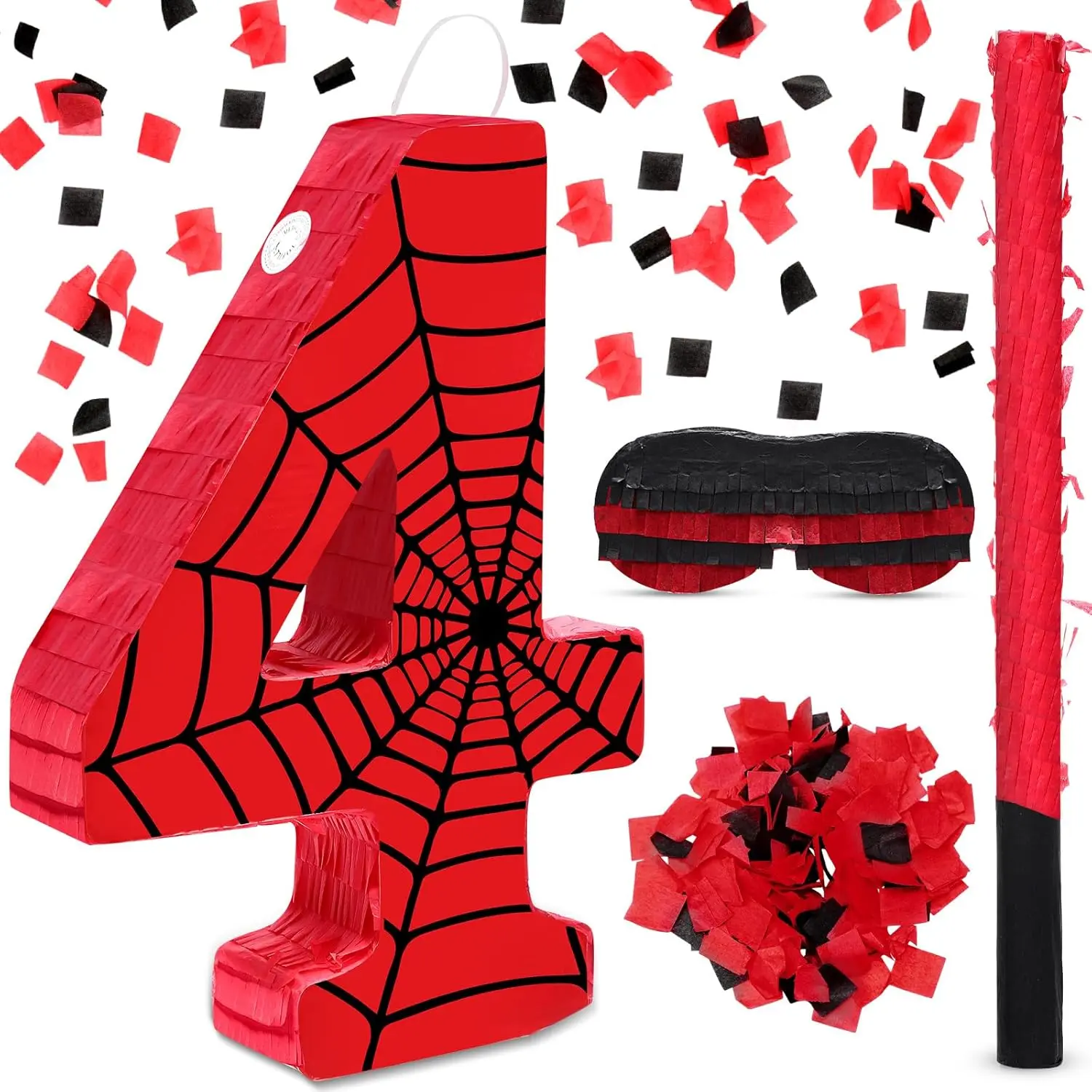 Number 4 Spider Piñata Bundle with Blindfold and Bat Comic Hero Small Piñata Birthday Party Decoration for Mexican Fiesta Cinco De Mayo Anniversary Celebration Gift 15.75 x 11 x 2.8 in