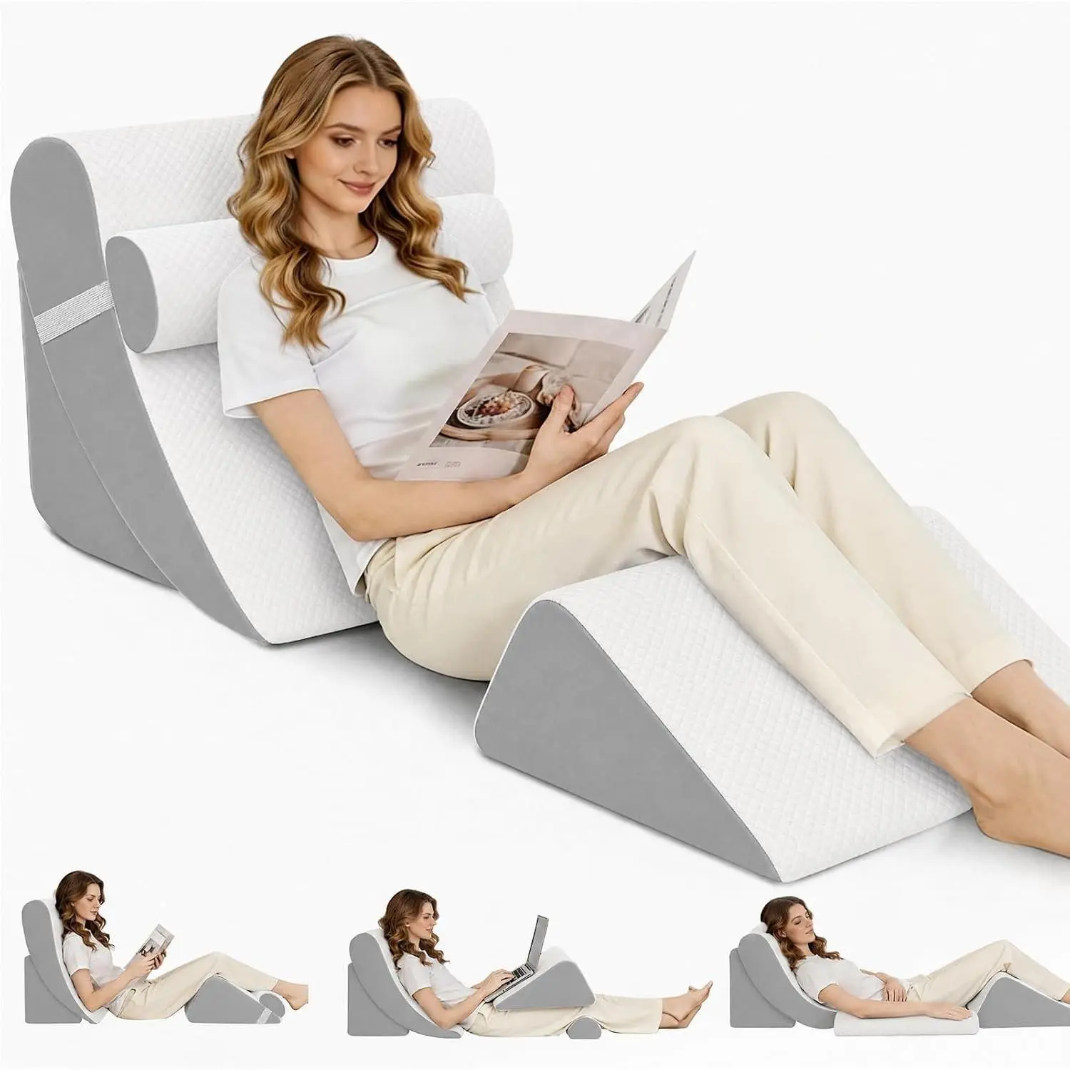 4PCS Orthopedic Bed Wedge Pillow Set for Post Surgery & Pain Relief,Adjustable Wedge Pillow for Back,Sitting up in Bed,Recovery,Acid Reflux,Snoring,Body Pillow for Sleeping (White/Light Grey)