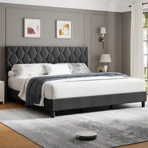King Upholstered Bed Frame With Adjustable Headboard, Heavy-Duty Platform Bed With Wood Slats, No Box Spring Needed, Grey