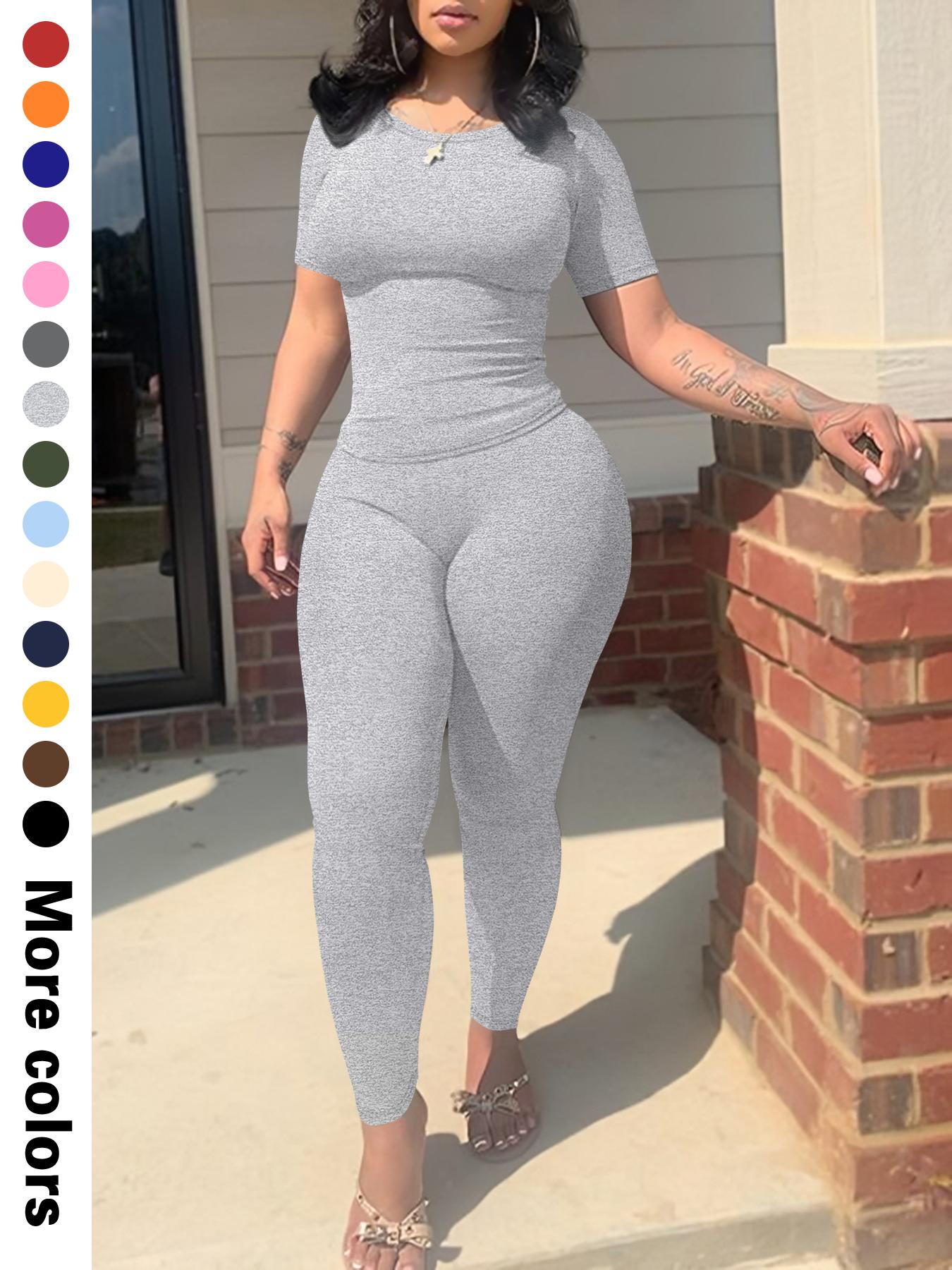 Women's Solid Top & Legging Two-piece Set, Casual Fashion Cozy Breathable Two Piece Outfits for Daily Wear, 2 Piece Sets Women, Ladies Summer Clothes, Workout Running Clothes, Yoga Gym Outfits, Athleisure Wear Set