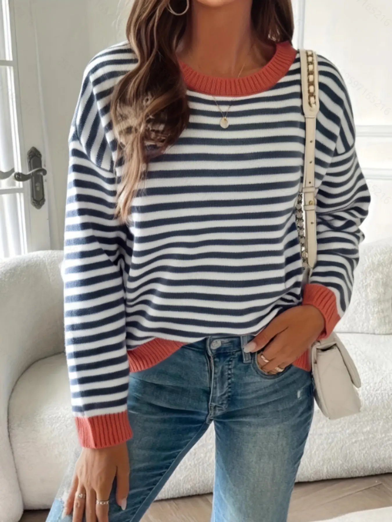 Plus Size Women's Ribbed Neck Striped Soft Loose Round Neck Knit Sweater, Comfortable and Stylish Pullover
