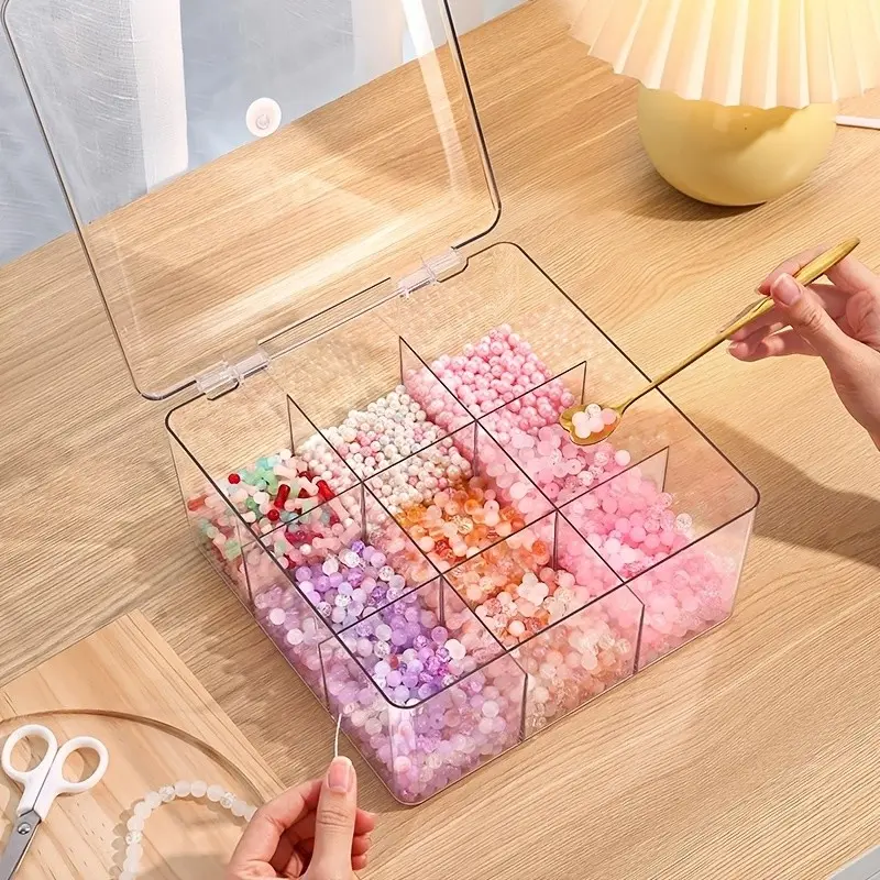 9-Compartment Bead Storage Box, Crystal Glass Desktop Jewelry Organizer, Transparent Drawer Divider, DIY Craft Supplies Container