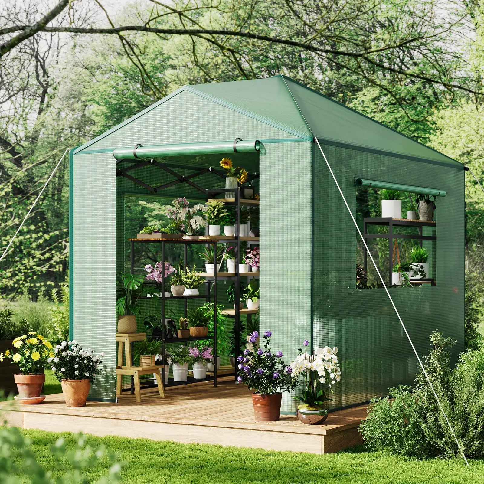 Garvee Portable Walk-in Greenhouse, 8 x 12FT Greenhouse with Thicken PE Cover and Steel Frame for Outdoors and Indoors, Garden Plant Growhouse with Roll-Up Windows & Door for Flowers, Fruits, Herbs