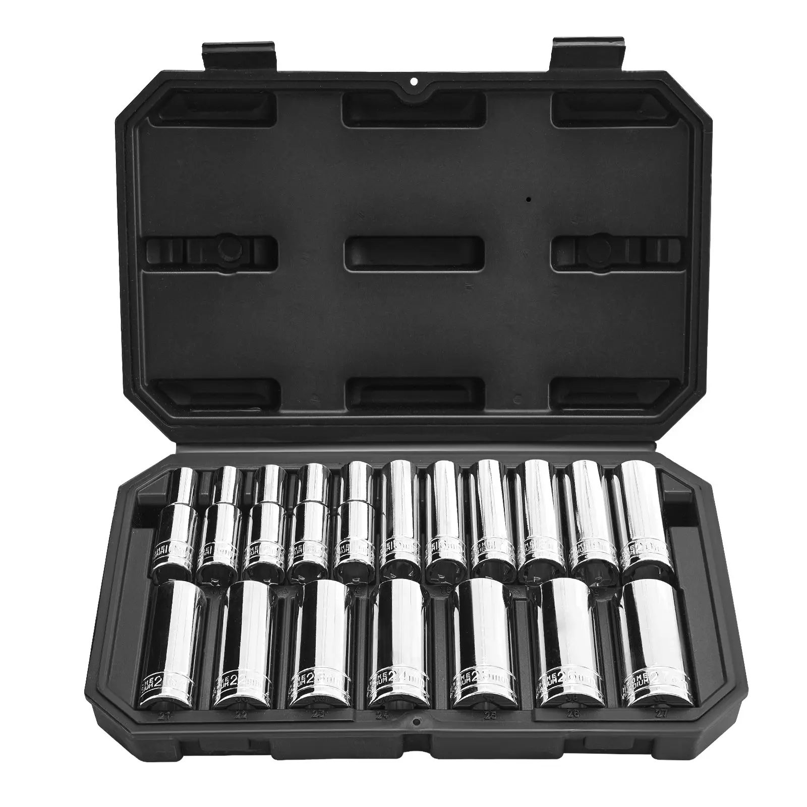 VEVOR XL3275 18-Piece 1/2 in Drive Metric Socket Set, 10-27 mm, Impact-Resistant Chrome-Plated CR-V Alloy Steel Mechanic Tool Kit, Distinct Markings, Storage Case, Tools for Mechanics, Automotive Repair