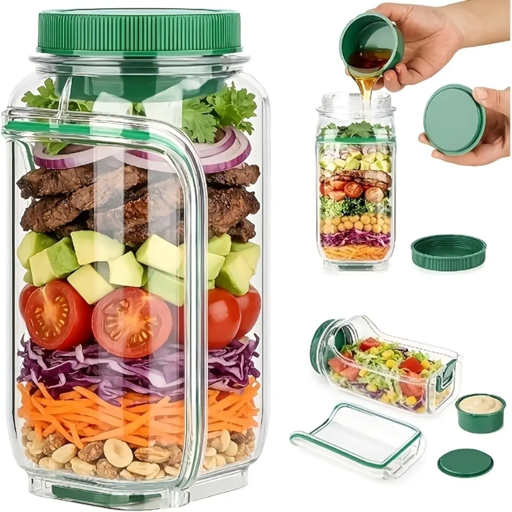 Leakproof Salad Container with Dressing Cup, Portable Salad Lunch Container with Side Opening Design, Reusable Meal Prep Bowl for Work, Gym, School, Travel & Healthy Meals