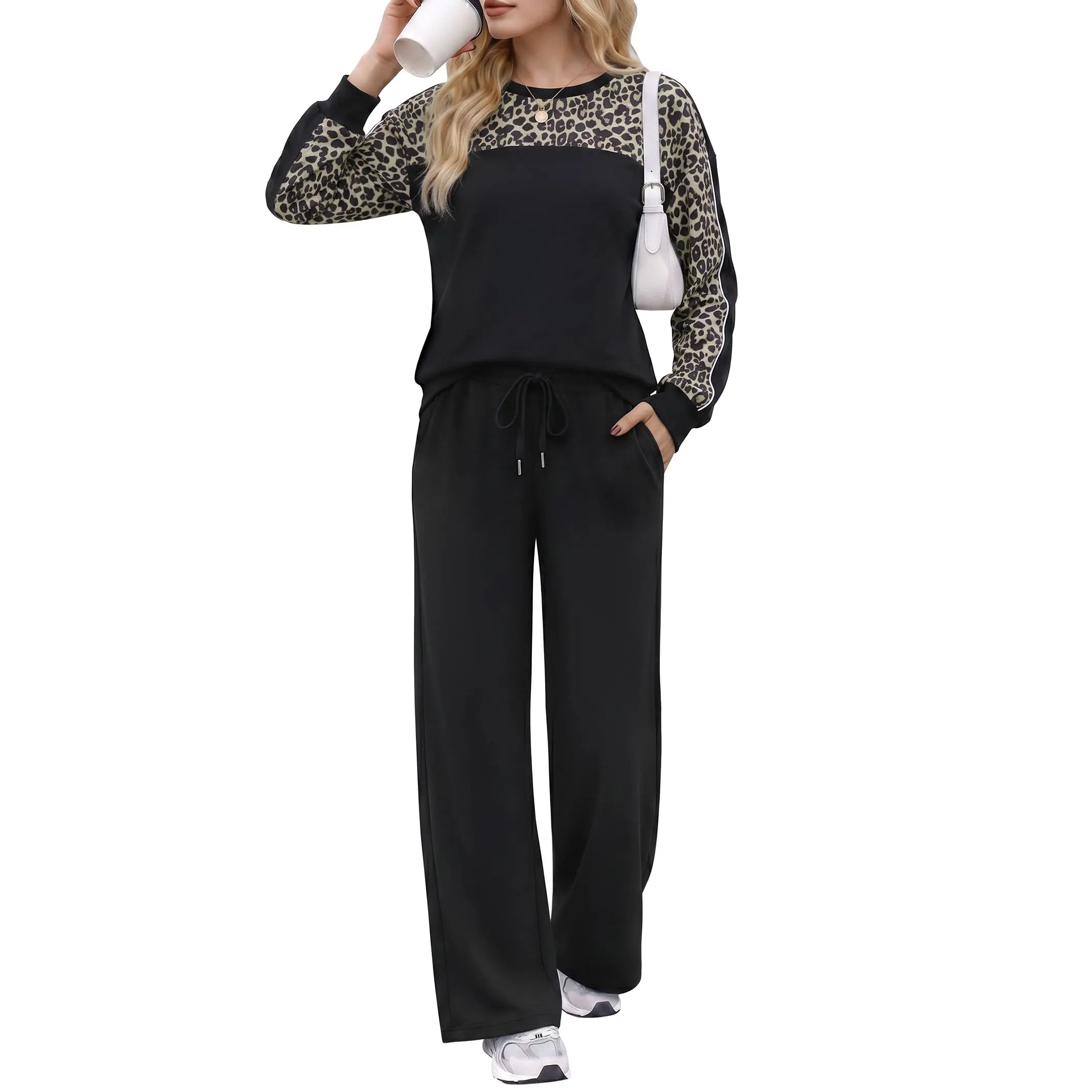 Casly Lamiit Women's 2 Piece Lounge Sets Casual Outfits Sweat Suits | Color Block Long Sleeve Sweatshirt & Wide Leg Pants with Pockets, Airport Travel Daily Wear, Comfy Fall Winter Clothes