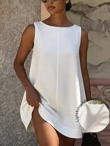 Linen Sleeveless Dress, Loose Straight Cut, Round Neck, Side Slit, Minimalist Casual Short Skirt, Perfect for Coffee Shops, Beach Parties, Art Exhibits