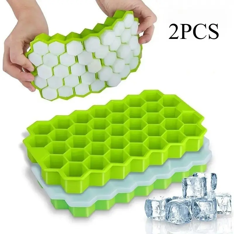 2PCS Honeycomb Silicone Ice Grid with Cover Purple + White Set, Green and Blue Combination Cute Hexagonal Ice Mold, Easy Demoulding and Stackable, Household Cold Drink Juice Fruit Ice Cube DIY Ice Box, Kitchen Refrigerator Drink Party Suitable