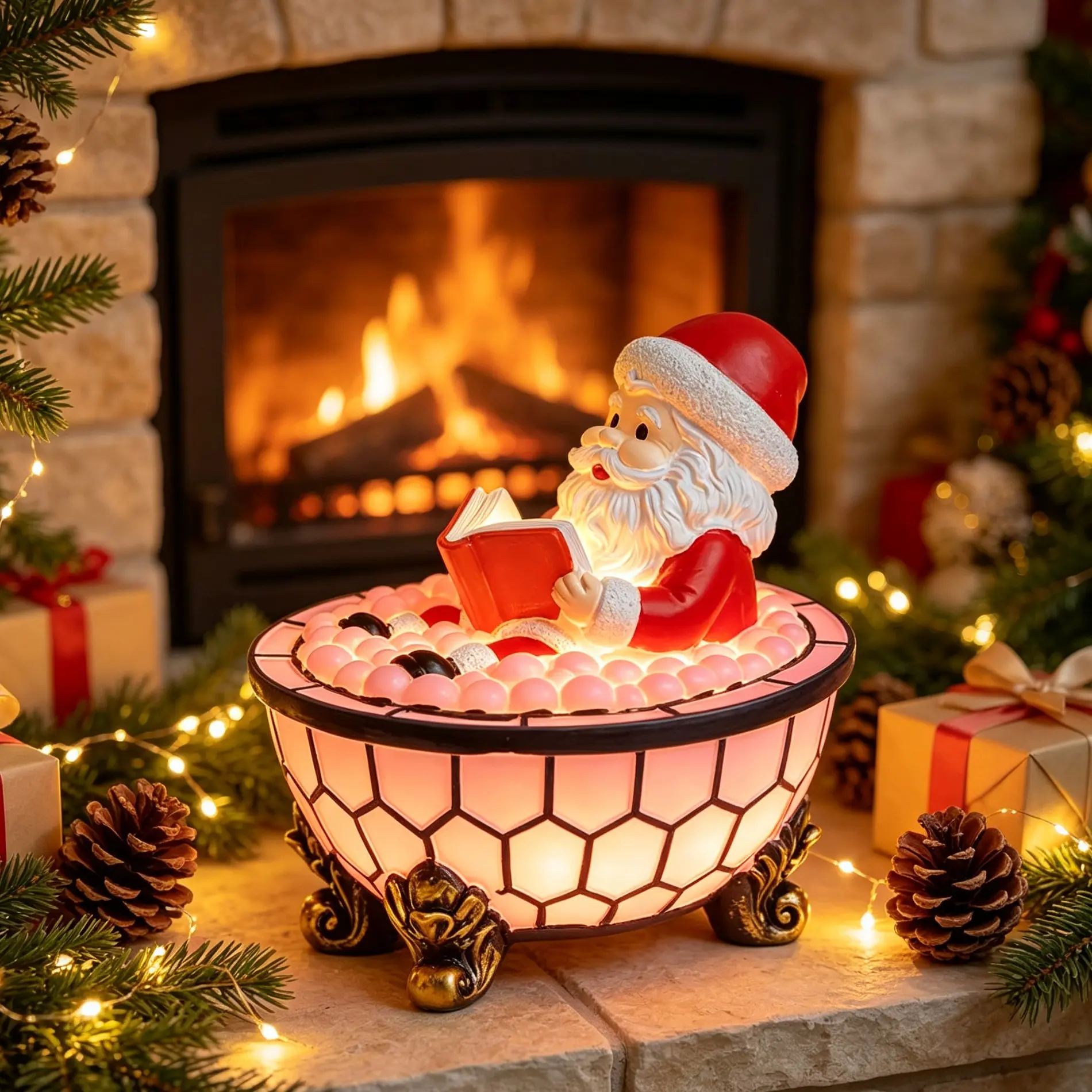 Santa Claus Bath Resin Figurine, LED Ambient Light, USB Powered, Festive Desk Decor, Perfect for Bathroom, Christmas Party, Gift