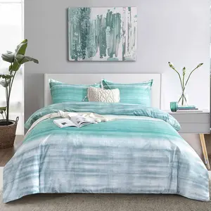 Duvet Cover Set, Grey and Blue Teal Striped Print  Microfiber Comforter Quilt Bedding Cover with Zip Ties - Modern  Styly for Men and Women Teen, 3 count Size 104 x 90 in Gray