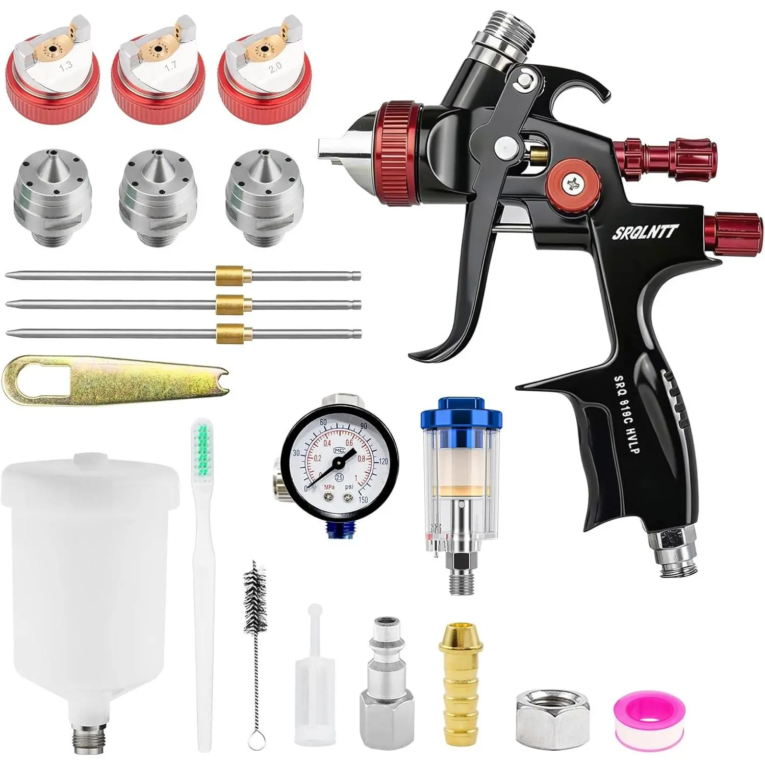 819 HVLP Air Spray Gun Kits with 1.3/1.7/2.0 mm Nozzles Spray Gun Automotive with Air Regulator Separator for Car, Primer, Clear/Top Coat &-Up, DIY Painting Spray