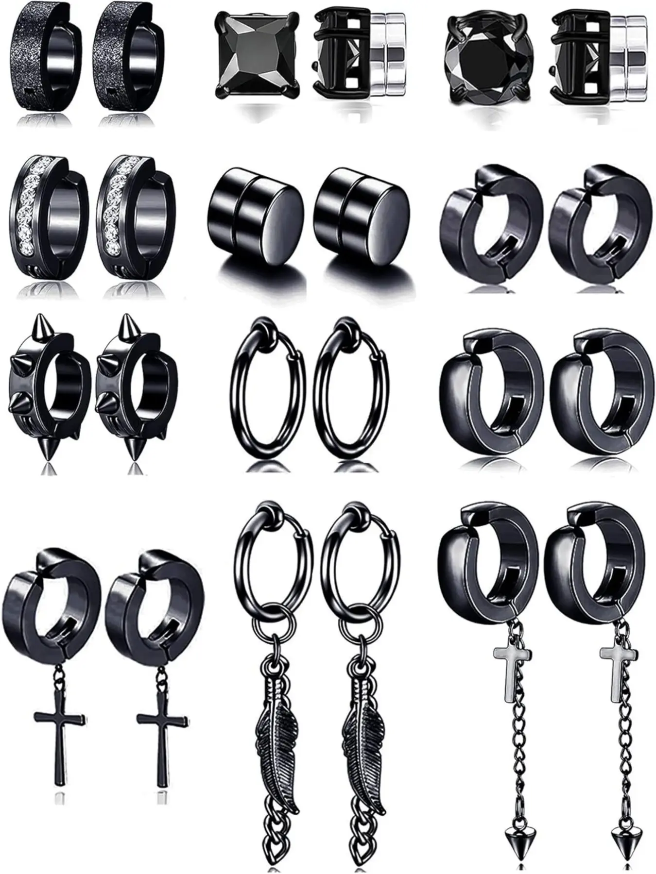 12 Pairs Magnetic Stud Earrings Stainless Steel CZ Hoop Punk Feather Dangle Hinged Non-Piercing Earrings Clip on Magnet Earring Set for Women Men Silver Plated Dangling Earrings