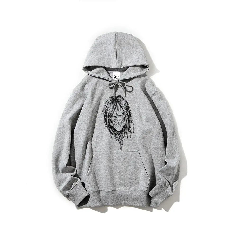 Men Gray Pullover Hoodie, Front Back Double Sided Horror Giant Humanoid Monster Graphic Print Sweatshirt, Oversized Soft Fleece Pocket Hooded Sweatshirt, Japanese Manga Dark Fantasy Streetwear Long Sleeve Hoodie for Men Teen Anime Fans