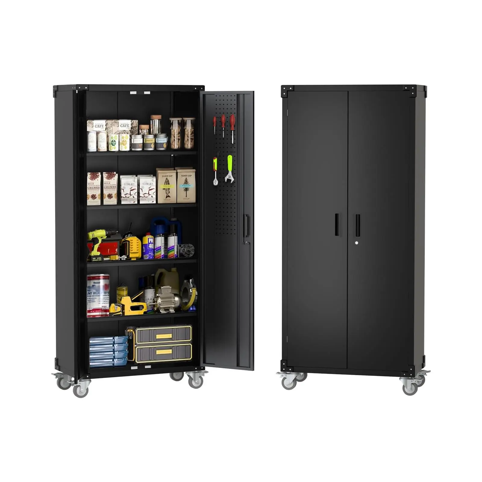 Heavy Duty Steel Storage Cabinet with Pegboard, 72" Metal Tool Cabinet on Wheels, Lockable Garage Organizer, 600lbs Capacity, Adjustable Shelves, Black, for Workshop Office