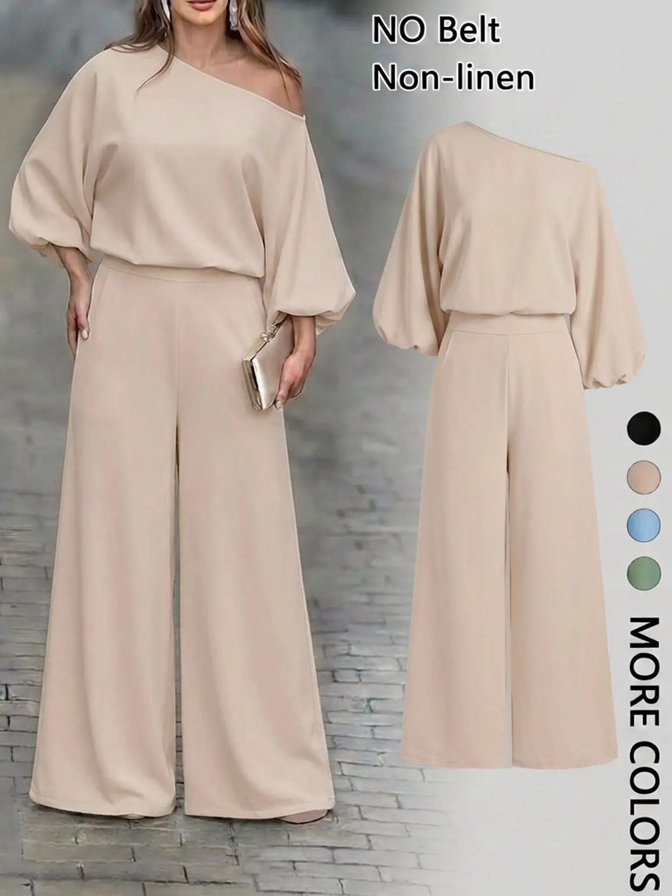 Women's Asymmetrical Batwing Sleeve High-Waisted Wide-Leg Pants Set, Summer Loose-Fitting Casual Chic Suit, Spring & Fall Fashion（Belt not included）